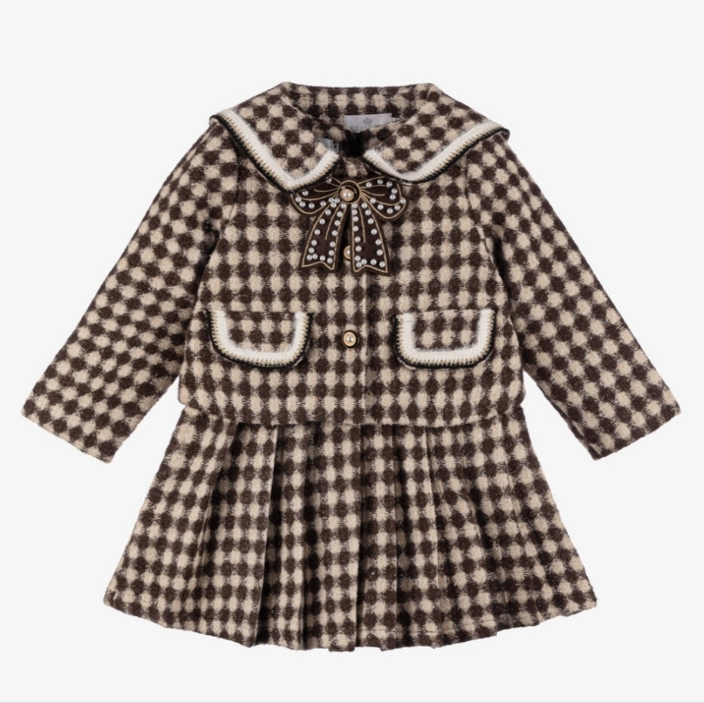Girls Brown & Cream Checked Dress, 3/4Y